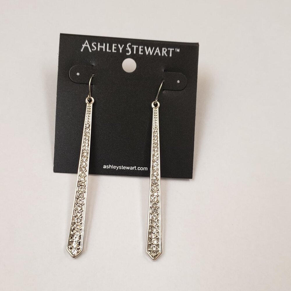 Ashley Stewart, NWT, silver tone clear rhinestones bar dangle pierced earrings